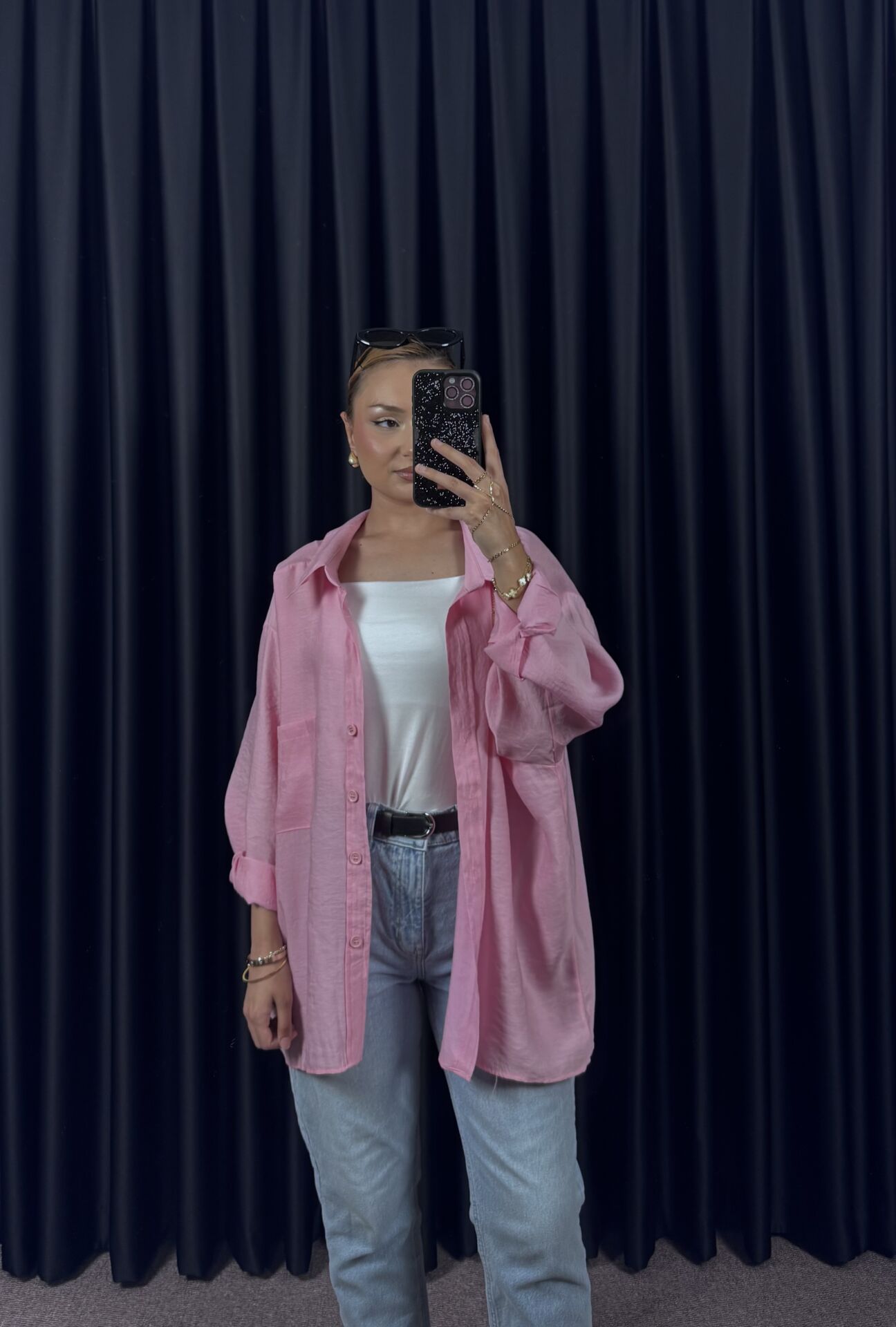 DÜŞÜK OMUZLU OVERSİZE GÖMLEK - ŞEKER PEMBE