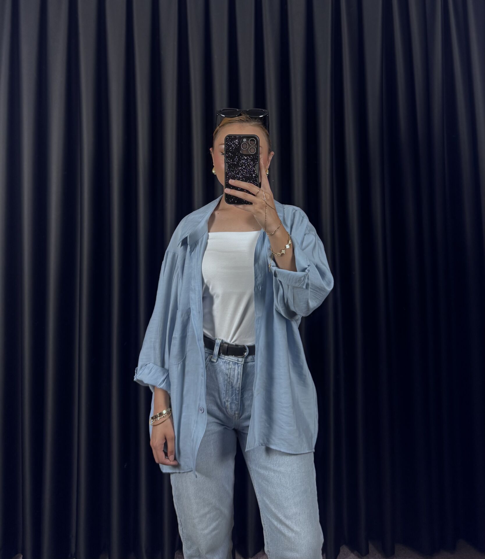 DÜŞÜK OMUZLU OVERSİZE GÖMLEK - AÇIK MAVİ