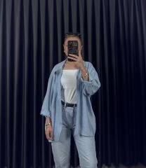 DÜŞÜK OMUZLU OVERSİZE GÖMLEK - AÇIK MAVİ